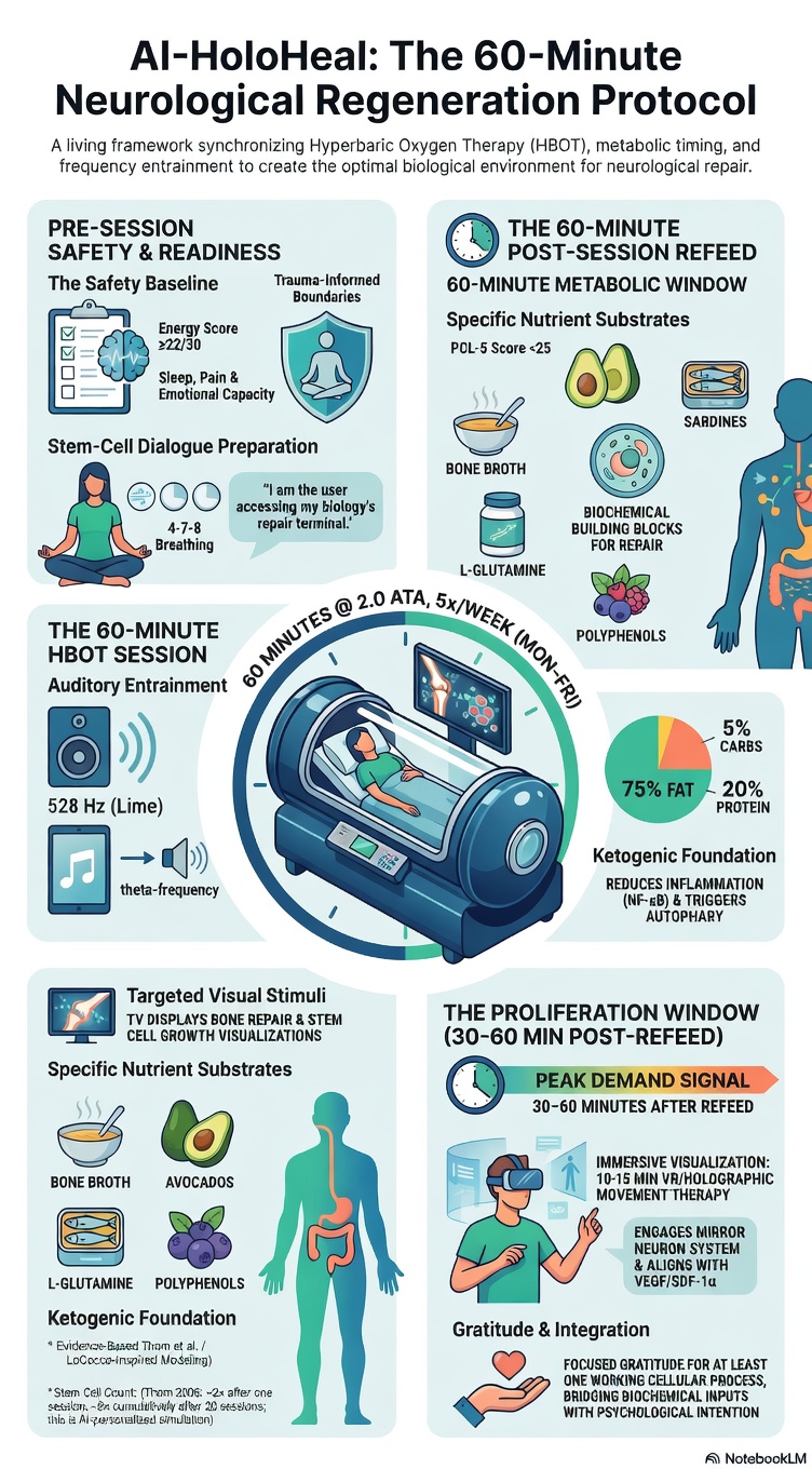 AI-HoloHeal: The 60-Minute Neurological Regeneration Protocol — Pre-Session Safety, HBOT Session, Post-Session Refeed, and Proliferation Window